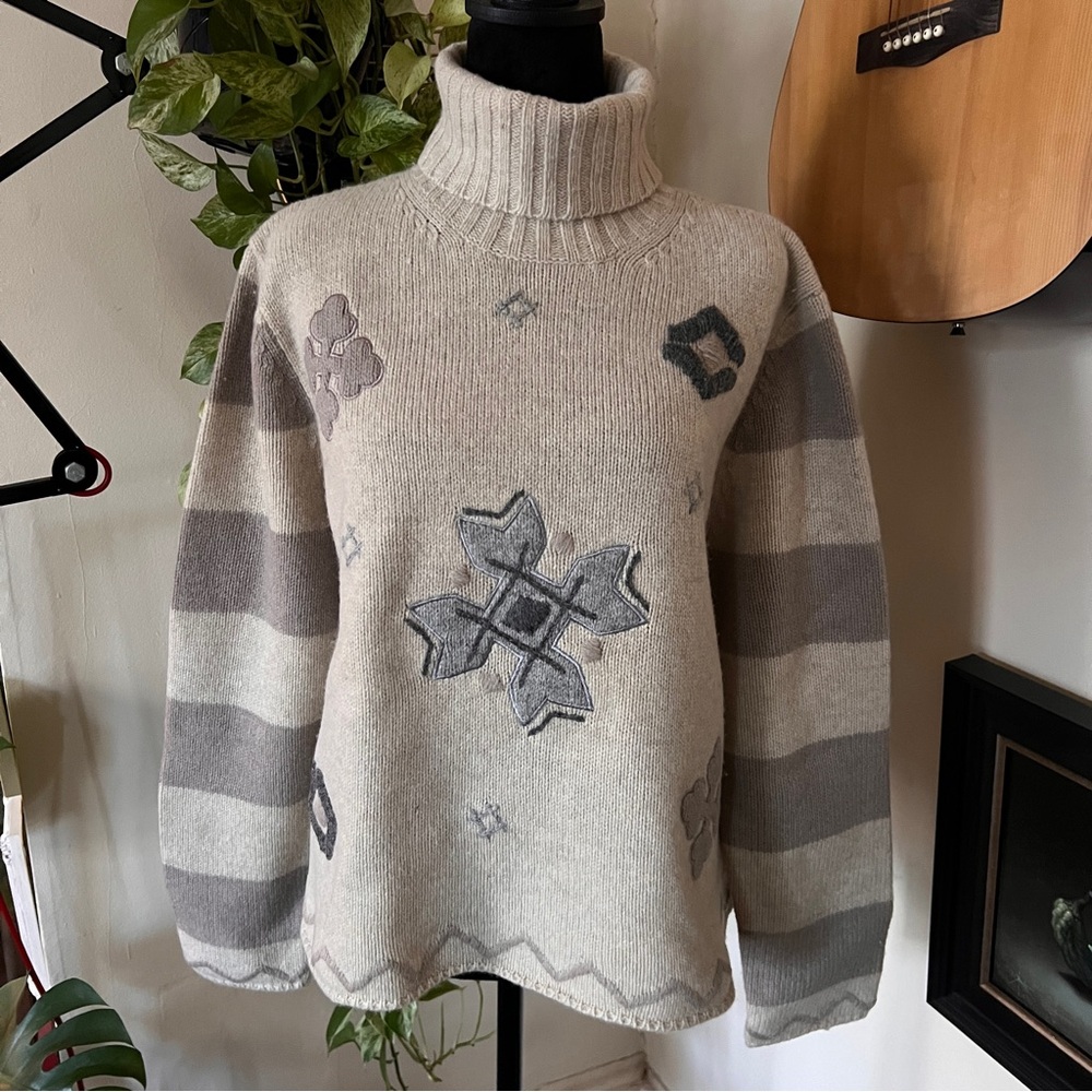 Vtg Eddie Bauer Womens Beige Lambswool Snowflake Turtleneck Sweater - Size XL